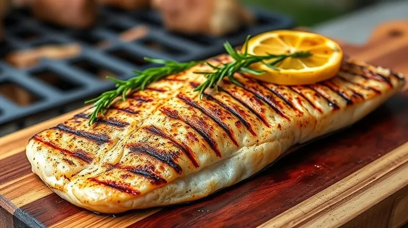 photorealistic, professional photography, 8K, cinematic lighting, sharp focus, depth of field, shot on a high-end DSLR: A succulent grilled trout fillet with visible grill marks, garnished with fresh rosemary and a charred lemon half, on a rustic wooden board, with a soft focus background of an outdoor grill area, evoking a healthy summer meal.