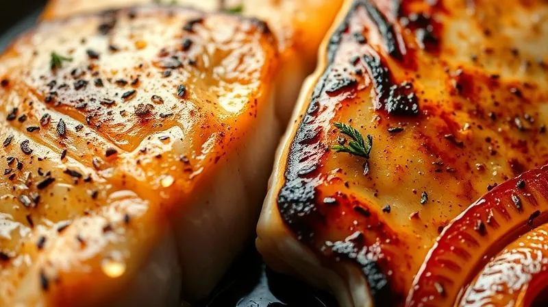 photorealistic, professional photography, 8K, cinematic lighting, sharp focus, depth of field, shot on a high-end DSLR: A close-up of a dry, overcooked trout fillet with a visibly tough texture, contrasted with a separate, perfectly flaky and moist fillet, with subtle visual cues of culinary mistakes like excessive oil and burnt edges, evoking the common pitfalls in cooking lean fish.