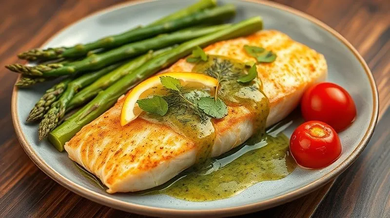 photorealistic, professional photography, 8K, cinematic lighting, sharp focus, depth of field, shot on a high-end DSLR: A beautifully plated dish featuring a perfectly cooked, flaky trout fillet with a vibrant green dill-lemon sauce, served alongside colorful steamed asparagus and cherry tomatoes, on a modern ceramic plate, evoking a gourmet yet healthy meal.