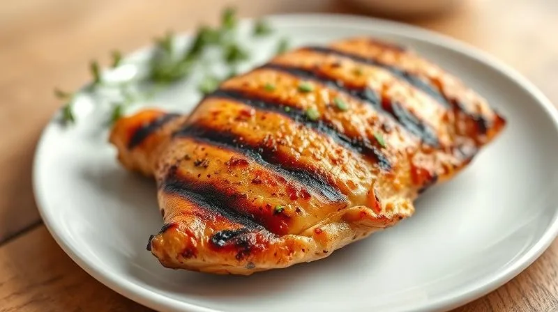 A photorealistic image of perfectly grilled chicken breast, lightly browned with grill marks, on a white plate. It is juicy and tender, with a sprinkle of fresh herbs. Cinematic lighting, sharp focus, depth of field blurring a minimalist background, 8K hyper-detailed, professional photography, shot on a high-end DSLR.