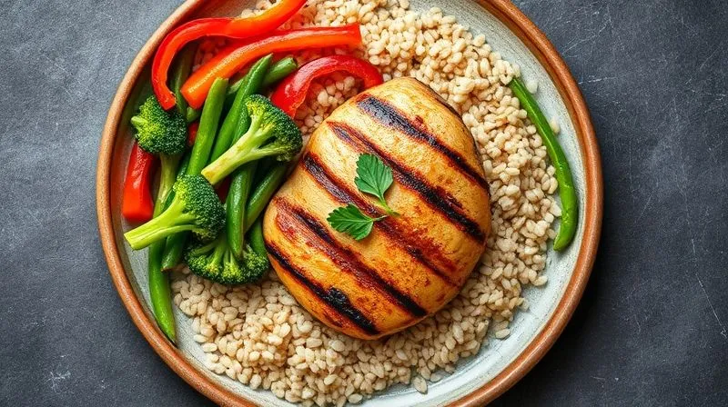 A photorealistic, top-down image of a perfectly balanced fitness meal on a round plate, divided visually into proportions: 40% grilled chicken breast, 30% cooked buckwheat groats, and 30% vibrant steamed vegetables (broccoli florets, red bell pepper strips, and green beans). The presentation is clean and appealing, with cinematic lighting, sharp focus, and a shallow depth of field. 8K hyper-detailed, professional photography, shot on a high-end DSLR.