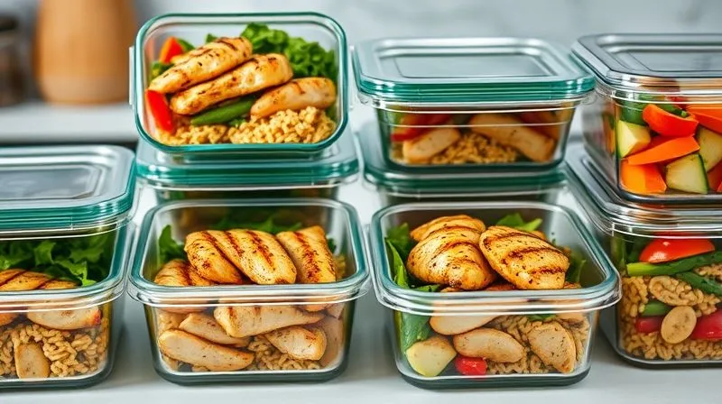 A photorealistic, organized view of several glass meal prep containers filled with healthy portions of kasza with grilled chicken and various colorful vegetables. The containers are neatly arranged on a clean kitchen counter, suggesting preparation for the week. Cinematic lighting, sharp focus, depth of field, 8K hyper-detailed, professional photography, shot on a high-end DSLR.