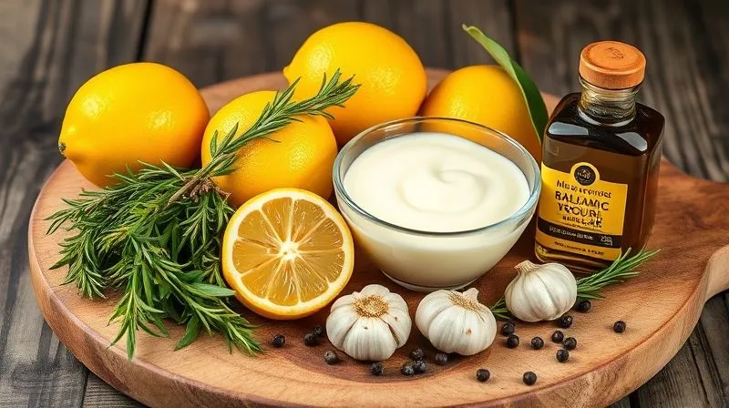 A vibrant, professional photography shot of various fresh marinade ingredients for rabbit: bright yellow lemons, fresh green rosemary and thyme, whole garlic cloves, a bowl of natural Greek yogurt, a small bottle of balsamic vinegar, and a sprinkle of black peppercorns, all arranged artistically on a rustic wooden board, cinematic lighting, sharp focus, depth of field, 8K hyper-detailed.