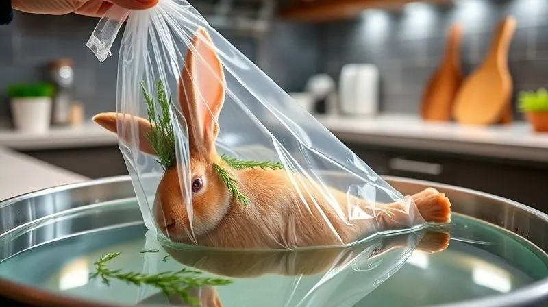 A professional, photorealistic image of a rabbit leg being gently placed into a sous-vide water bath, with a vacuum-sealed bag containing the rabbit and fresh herbs. The water is perfectly clear, and steam subtly rises. Cinematic lighting, sharp focus on the rabbit and bag, depth of field blurring the background of a modern kitchen, 8K hyper-detailed.