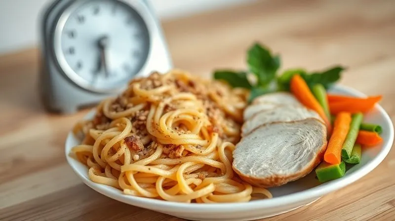 Photorealistic, professional photography, 8K, cinematic lighting, sharp focus, depth of field shot on a high-end DSLR, showing a perfectly portioned plate with whole-grain pasta, lean chicken breast, and colorful steamed vegetables, clearly demonstrating the 'divided plate' method. A small kitchen scale is visible in the background, out of focus.
