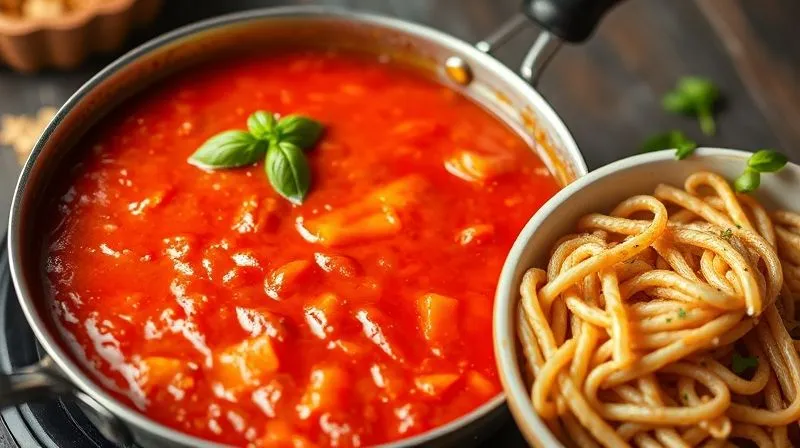 Photorealistic, professional photography, 8K, cinematic lighting, sharp focus, depth of field shot on a high-end DSLR, showing a vibrant, homemade light tomato sauce simmering in a pan with fresh basil, next to a bowl of cooked whole-grain pasta, conveying freshness and health.