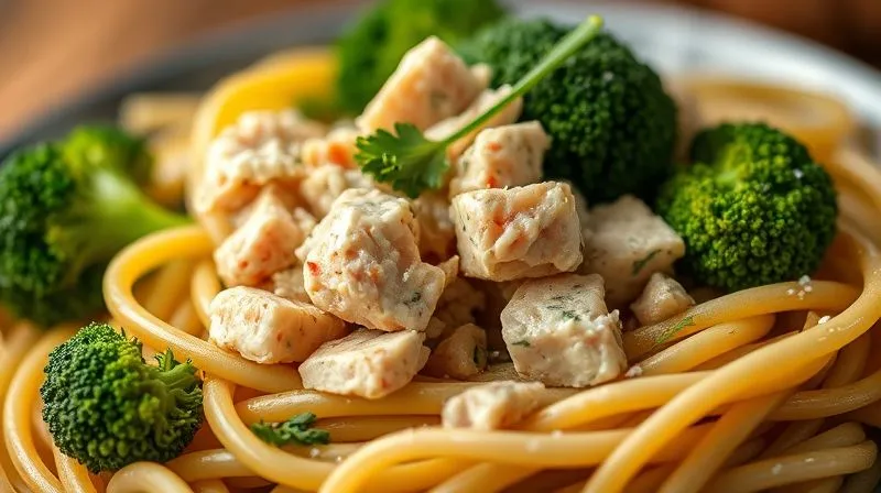 Photorealistic, professional photography, 8K, cinematic lighting, sharp focus, depth of field shot on a high-end DSLR, showing a close-up of whole-grain pasta with vibrant green broccoli florets and flaked tuna, garnished with fresh parsley, emphasizing a healthy and appealing meal.