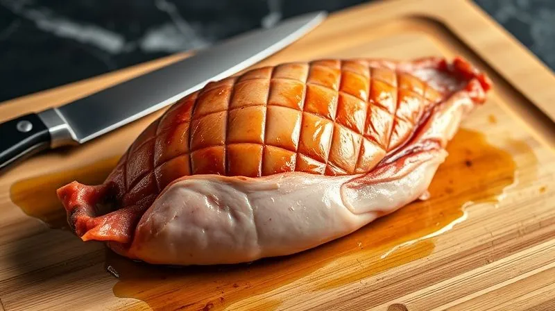 photorealistic, professional photography, 8K, cinematic lighting, sharp focus, depth of field, shot on a high-end DSLR. A duck breast on a cutting board, with its skin expertly scored in a diamond pattern, ready for cooking. A chef's knife is resting beside it. The scene conveys precision and culinary preparation.