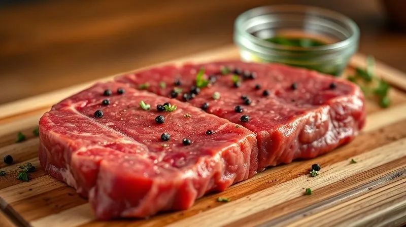A close-up, photorealistic, professional photography shot of a raw beef tenderloin steak, perfectly cut and seasoned with fresh herbs and black pepper, resting on a wooden cutting board. A small bowl of light, fresh marinade is visible in the background, out of sharp focus. Cinematic lighting, sharp focus on the meat, depth of field. 8K hyper-detailed, shot on a high-end DSLR.