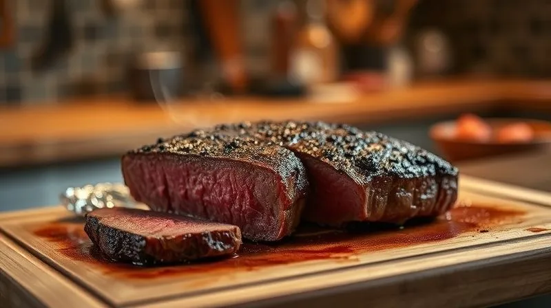 A photorealistic, professional photography shot of a perfectly seared beef tenderloin steak resting on a wooden cutting board, loosely covered with aluminum foil. Steam is subtly rising from the meat, indicating its warmth. The background shows a soft, inviting kitchen environment with warm, cinematic lighting. Sharp focus on the resting steak, depth of field. 8K hyper-detailed, shot on a high-end DSLR, emphasizing the importance of the resting process.