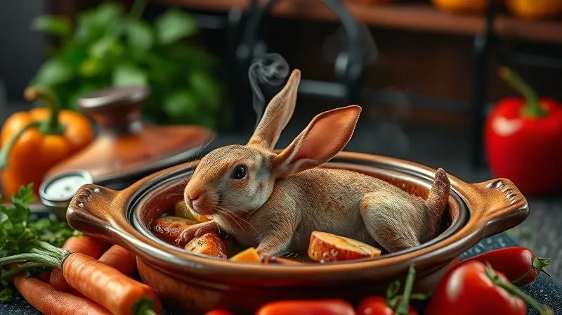 A photorealistic image of a rabbit dish being slow-cooked in a ceramic tagine, with steam gently escaping from the lid, surrounded by colorful vegetables like carrots, bell peppers, and herbs. Cinematic lighting, sharp focus on the tagine, depth of field blurring the background, 8K hyper-detailed, inviting and warm atmosphere.