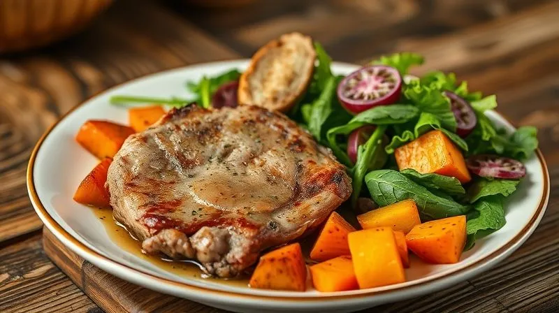 A photorealistic, vibrant image of a healthy dinner plate featuring a portion of succulent rabbit meat, accompanied by a colorful medley of roasted root vegetables (sweet potatoes, carrots) and a fresh green salad with a light vinaigrette. The composition is balanced and appealing, with cinematic lighting highlighting the textures. Sharp focus on the food, depth of field blurring a rustic wooden table background. 8K hyper-detailed, healthy and inviting meal.