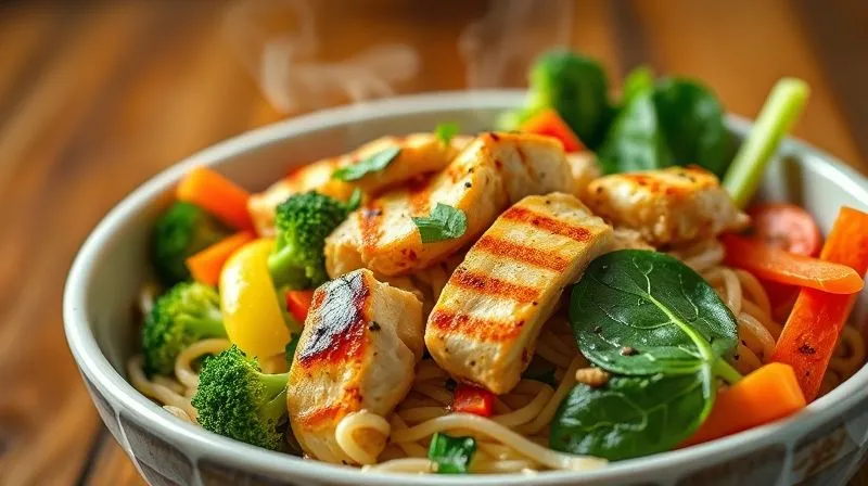 photorealistic, professional photography, 8K, cinematic lighting, sharp focus, depth of field, shot on a high-end DSLR. A vibrant, colorful bowl of gluten-free rice noodles overflowing with fresh, crisp vegetables (broccoli, bell peppers, carrots, spinach) and perfectly grilled chicken strips. Steam is rising gently, and the dish looks incredibly fresh, healthy, and abundant, conveying a sense of satisfying nutrition and lightness.