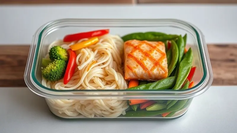 photorealistic, professional photography, 8K, cinematic lighting, sharp focus, depth of field, shot on a high-end DSLR. A meticulously prepared meal prep container featuring perfectly portioned gluten-free rice noodles, vibrant stir-fried vegetables (broccoli, bell peppers, snow peas), and lean grilled salmon. The container is clear, showcasing the distinct layers and fresh ingredients, suggesting organized, healthy eating for weight loss. The image evokes a sense of control, efficiency, and delicious health.
