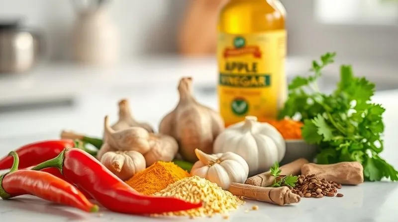 Photorealistic, professional photography, 8K, cinematic lighting, sharp focus, depth of field, shot on a high-end DSLR. A vibrant array of fresh, colorful vegetables and spices laid out on a clean kitchen counter: red chili peppers, ginger root, garlic cloves, turmeric powder, cumin seeds, fresh coriander, and a bottle of apple cider vinegar, all bathed in soft, natural light.
