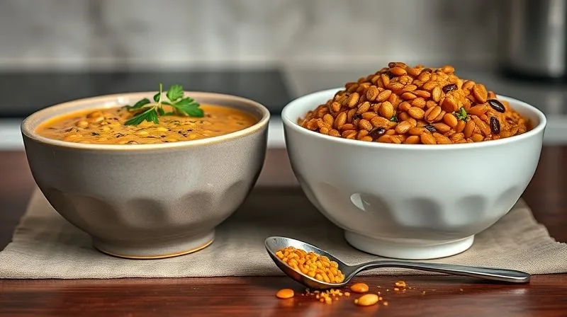 Photorealistic, professional photography, 8K, cinematic lighting, sharp focus, depth of field, shot on a high-end DSLR. Two bowls of lentil soup side-by-side on a kitchen counter. One bowl is light, fresh, garnished with herbs, and clearly portion-controlled. The other bowl is overflowing, appears greasy, and is surrounded by a spilled measuring spoon, symbolizing overindulgence. The contrast highlights healthy vs. unhealthy choices in portioning and preparation.