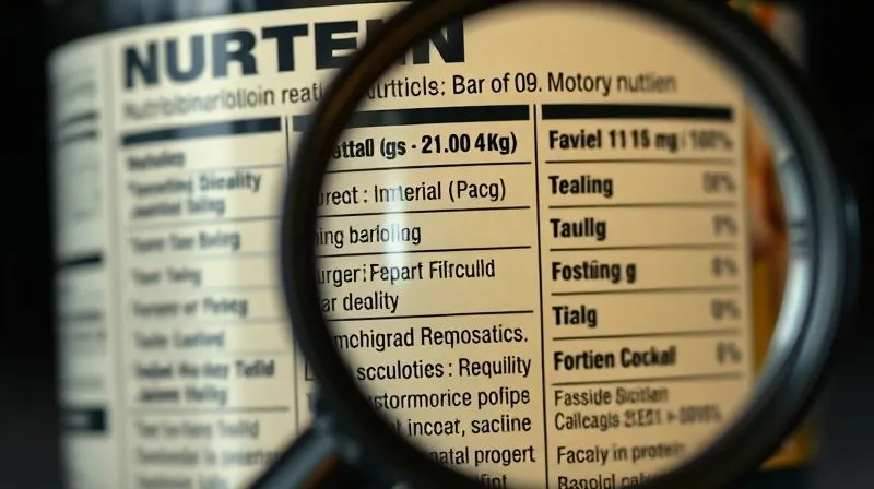 Photorealistic close-up of a protein bar label with a magnifying glass, highlighting conflicting nutritional claims, cinematic lighting, sharp focus.