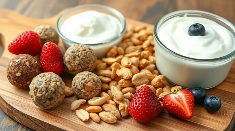 Photorealistic image of a variety of healthy, homemade protein snacks like energy balls, Greek yogurt with berries, and nuts, arranged aesthetically on a wooden board, natural light, sharp focus.