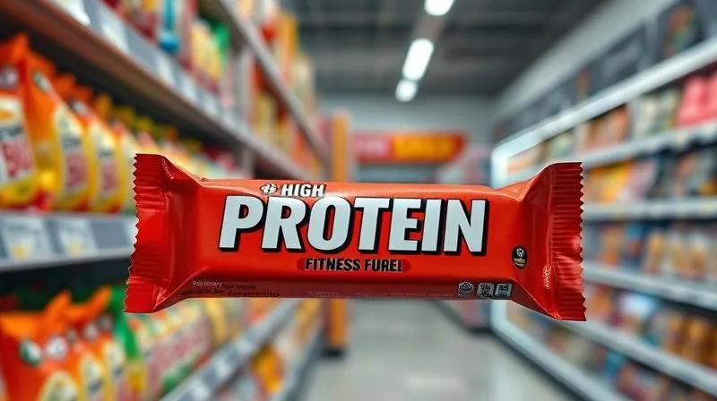 A photorealistic, professional photography, 8K image of a brightly lit supermarket aisle with shelves full of colorful protein bars. The focus is on a specific bar, with exaggerated marketing claims like 'High Protein!' and 'Fitness Fuel!' emblazoned on its packaging, while a subtle, almost transparent layer of misleading information or fine print is visible underneath, cinematic lighting highlighting the deceptive nature, sharp focus on the bar, depth of field blurring the background, shot on a high-end DSLR.