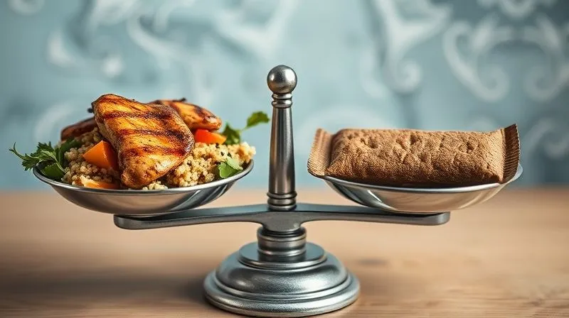 A photorealistic, professional photography, 8K image of a balanced meal (grilled chicken, quinoa, colorful vegetables) on one side, and a single, well-chosen protein bar on the other, both within a conceptual weighing scale, symbolizing dietary balance. Cinematic lighting highlights the contrast and importance of whole foods, sharp focus on both elements, depth of field blurring the background, shot on a high-end DSLR.