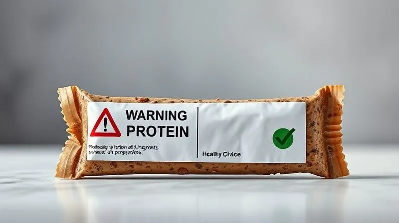 A photorealistic, professional photography, 8K image of two protein bars side-by-side on a clean, minimalist surface. One bar is clearly labeled with a 'Warning' sign or a subtle red cross, signifying unhealthy ingredients, while the other has a 'Healthy Choice' green checkmark. Cinematic lighting emphasizes the contrast, sharp focus on the labels, depth of field blurring the background, shot on a high-end DSLR.