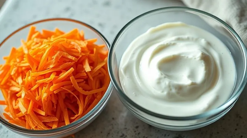 Photorealistic close-up of grated carrots, eggs, and Greek yogurt in separate bowls, ready for baking, with soft natural light, depth of field, professional photography, 8K, cinematic lighting, sharp focus.