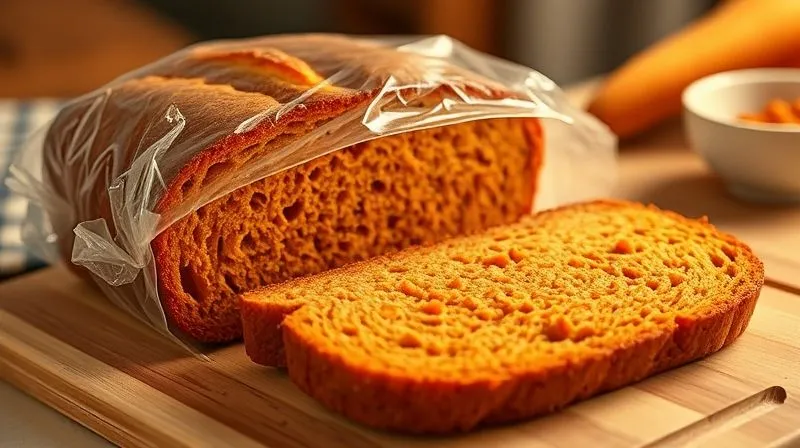 Photorealistic image of a perfectly sliced carrot bread, showing moist texture, wrapped in cling film on a wooden cutting board, with warm, inviting kitchen lighting, professional photography, 8K, cinematic lighting, sharp focus.