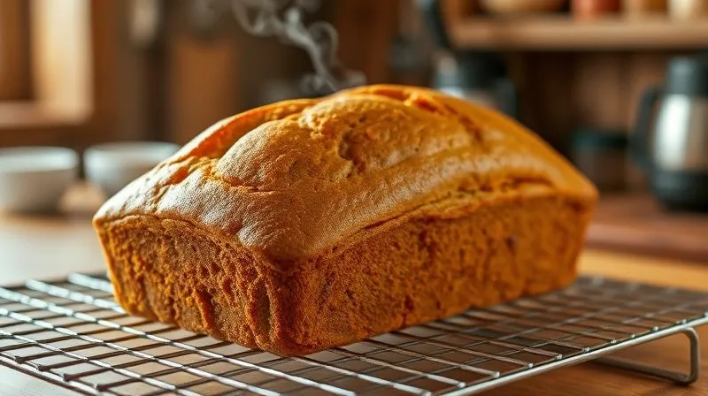 Photorealistic close-up of a perfectly baked, golden-brown fit carrot bread loaf cooling on a wire rack, steam gently rising, with a rustic kitchen background, professional photography, 8K, cinematic lighting, sharp focus.