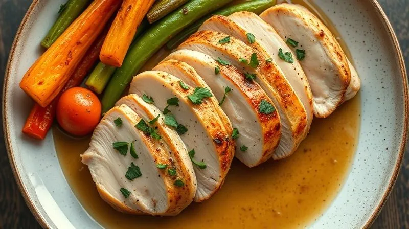 A vibrant, photorealistic overhead shot of a perfectly plated fitness meal featuring a juicy, sliced chicken breast, garnished with fresh herbs, alongside colorful roasted vegetables and a light sauce. The composition is artistic and appealing, with cinematic lighting and sharp focus. 8K, shot on a high-end DSLR.