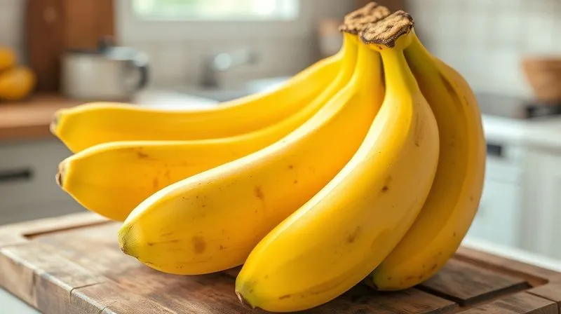A close-up, photorealistic image of a bunch of perfectly ripe bananas with numerous brown spots on their skin, ready to be peeled and frozen for 'nice' cream. The bananas are arranged on a rustic wooden cutting board in a brightly lit kitchen. Cinematic lighting, sharp focus, depth of field, 8K hyper-detailed.