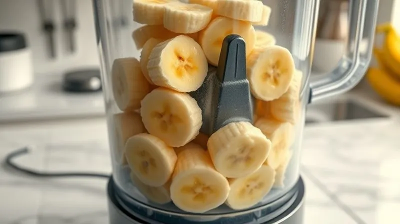 A high-angle, photorealistic image of a powerful food processor blending frozen banana slices into a creamy, smooth 'nice' cream. The blades are in motion, and the texture is visibly thick and uniform. The kitchen counter is clean and bright, with cinematic lighting emphasizing the motion and creamy result. Shot on a high-end DSLR, 8K hyper-detailed, sharp focus on the blending process, depth of field.