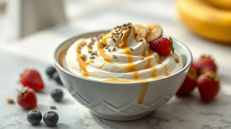 A beautifully styled bowl of creamy banana 'nice' cream, topped with a drizzle of natural peanut butter, a sprinkle of chia seeds, and fresh berries. The dessert is presented on a modern, minimalist table with soft, natural light, emphasizing its healthy and appealing appearance. Photorealistic, professional photography, 8K, cinematic lighting, sharp focus, depth of field.