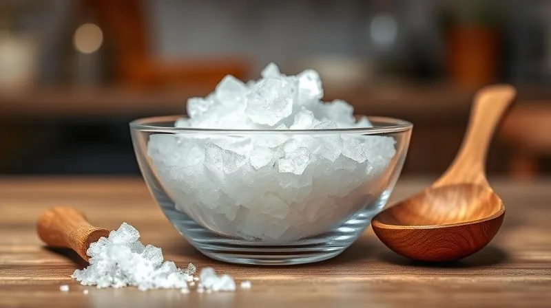 Photorealistic, professional photography, 8K, cinematic lighting, sharp focus, depth of field, shot on a high-end DSLR. A small, elegant glass bowl filled with white crystalline erythritol, next to a wooden spoon, with a blurred background of a modern kitchen. The lighting highlights the texture of the sweetener, suggesting purity and health.