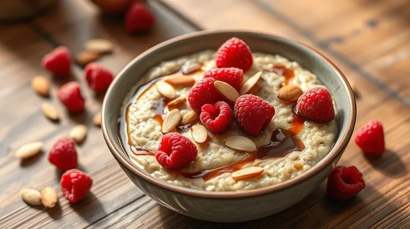 Photorealistic, professional photography, 8K, cinematic lighting, sharp focus, depth of field, shot on a high-end DSLR. A vibrant, colorful bowl of sweet millet porridge, topped with fresh raspberries, a few slivered almonds, and a drizzle of sugar-free chocolate syrup, presented on a rustic wooden table in soft morning light. The composition emphasizes freshness and healthy indulgence.