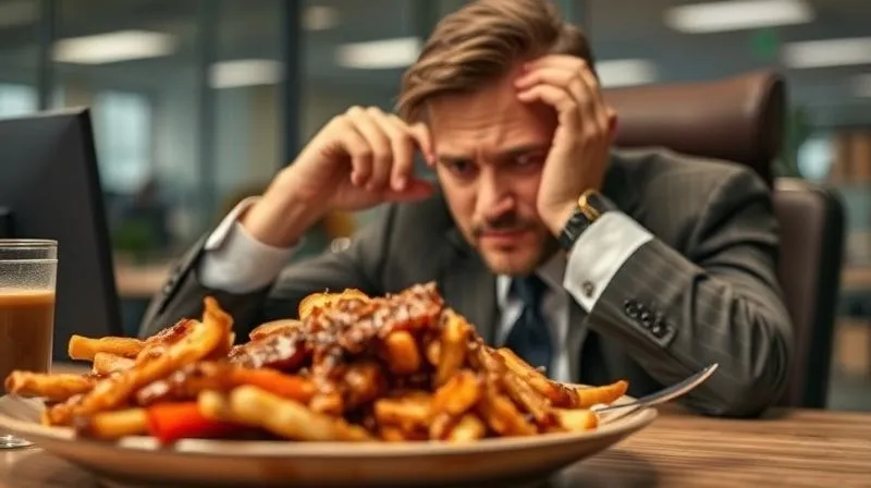 A photorealistic image of a professional manager looking tired and sluggish at their desk after lunch, with a half-eaten plate of heavy, greasy food in the foreground, cinematic lighting, sharp focus on the manager's weary expression, depth of field blurring the office background.