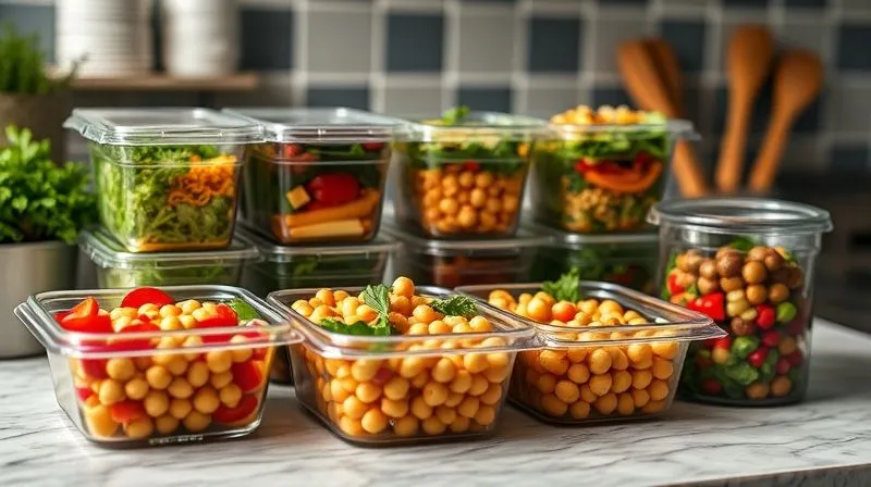 A photorealistic image showing various pre-prepped containers with colorful chickpea salads and fresh ingredients arranged neatly on a kitchen counter, suggesting efficient meal preparation for a busy week. Cinematic lighting, sharp focus, depth of field, professional photography.