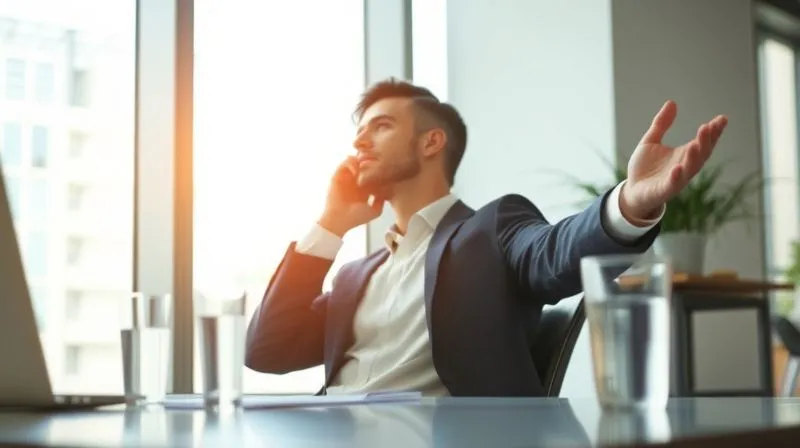 A photorealistic image of a manager taking a short, mindful break in a bright office, perhaps stretching or looking out a window, with a glass of water nearby, symbolizing holistic well-being. Cinematic lighting, sharp focus, depth of field, professional photography.