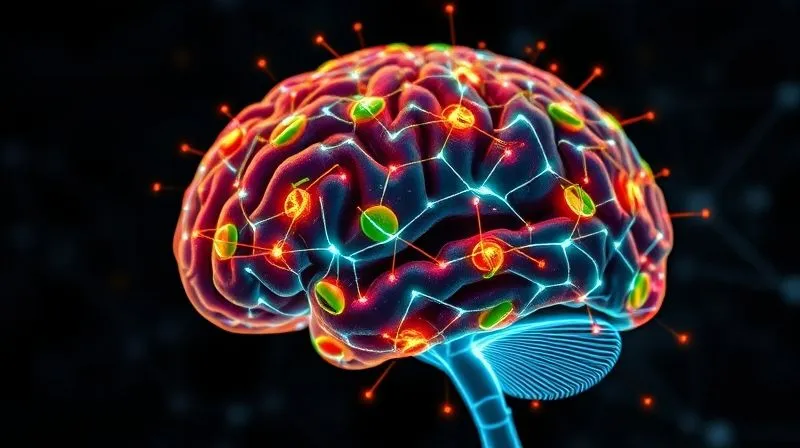 A photorealistic close-up of a human brain glowing with intricate neural networks, with healthy food ingredients like fresh vegetables and fruits subtly integrated into the network. Cinematic lighting, sharp focus, 8K, professional photography, shot on a high-end DSLR, symbolizing the direct connection between nutrition and cognitive function.