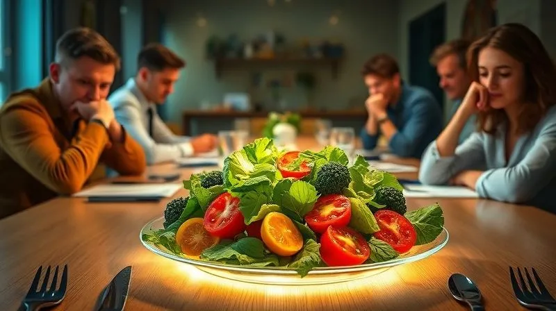 A photorealistic image of a vibrant Caprese salad glowing with an ethereal light, positioned on a conference table where tired-looking office workers are suddenly alert and focused, their faces reflecting renewed energy. Cinematic lighting, sharp focus on the salad, 8K, professional photography, shot on a high-end DSLR, symbolizing the revitalization effect of a healthy meal.