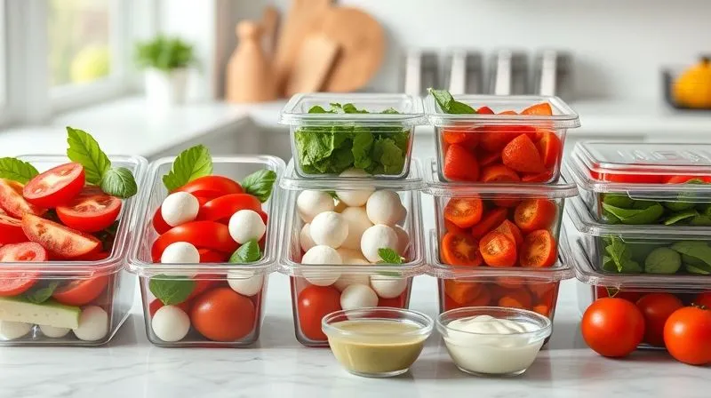 A photorealistic image of a neatly organized meal prep station in a modern kitchen, with containers filled with various Caprese salad components (sliced tomatoes, mozzarella balls, fresh basil leaves, small dressing containers). The scene is bright and clean, with a focus on efficiency and healthy choices. Professional photography, 8K, cinematic lighting, shot on a high-end DSLR, conveying a sense of preparation and control over one's diet.
