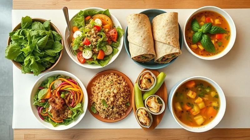 A photorealistic overhead shot of a diverse spread of healthy, colorful office lunch options arranged on a modern communal table. Include a vibrant Caprese salad, a quinoa Buddha bowl, a chicken and vegetable wrap, and a steaming bowl of vegetable soup. The scene is bright and inviting, with subtle cinematic lighting. Professional photography, 8K, sharp focus, shot on a high-end DSLR, emphasizing variety and healthy choices for a team.