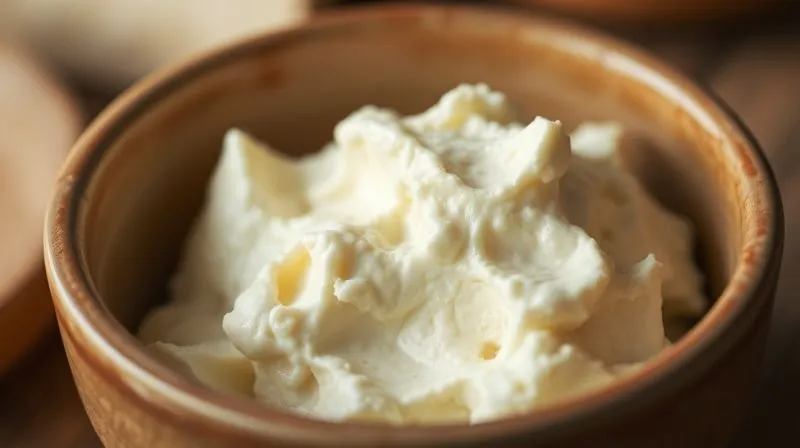 A close-up, photorealistic image of creamy, white cottage cheese in a simple ceramic bowl, with a few small air bubbles, emphasizing its texture and purity. Cinematic lighting, sharp focus on the cheese, depth of field blurring the background.