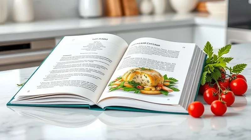 A professional, photorealistic image of an open recipe book on a clean kitchen counter, showing a delicious low-carb cottage cheese recipe with fresh ingredients surrounding it (like herbs, radishes, cherry tomatoes). Bright, natural light, sharp focus on the recipe.