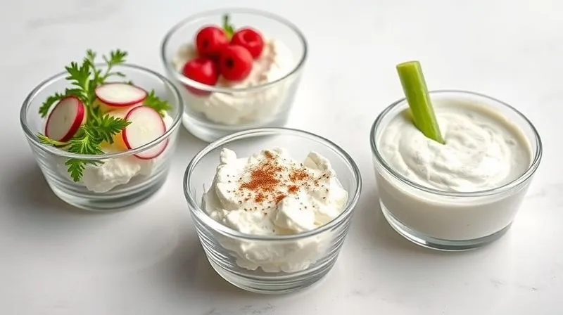 A close-up, photorealistic shot of three small, elegant glass bowls, each containing a different low-carb cottage cheese preparation: one savory with fresh herbs and radishes, one sweet with a few red berries and a sprinkle of cinnamon, and one blended into a creamy dip with a vegetable stick for dipping. Artistically arranged on a minimalist white table, with soft, natural lighting.
