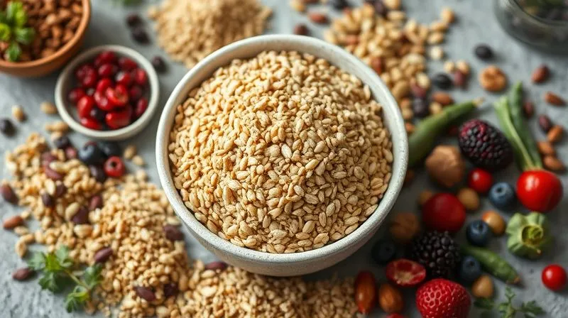 A vibrant, photorealistic flat lay image of a bowl of cooked millet surrounded by its key nutritional components: small piles of protein-rich legumes, fiber-rich berries, various essential minerals like magnesium and iron in their natural forms, and a label indicating 'gluten-free'. Soft, natural lighting, sharp focus on the ingredients, depth of field blurring a subtle background of a kitchen counter. 8K hyper-detailed, professional photography, shot on a high-end DSLR.