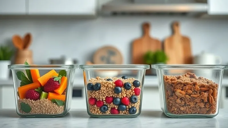 A photorealistic, professional photography shot of a meticulously organized kitchen counter with several glass meal prep containers. Each container holds a different low-fat millet-based meal: one with colorful vegetables, another with berries and nuts, and a third with lean protein. The background is a modern, clean kitchen, with soft, diffused lighting. Sharp focus on the meal prep containers, depth of field blurring the kitchen elements. 8K hyper-detailed, shot on a high-end DSLR.