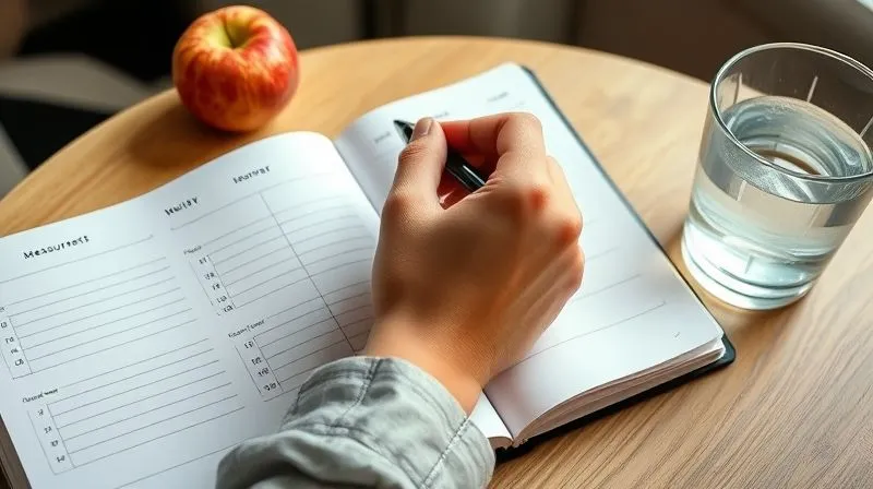 A photorealistic, professional photography shot of a person's hand holding a pen, making notes in a neatly organized journal or planner. On the left page, there are columns for 'Weight', 'Measurements', 'Energy Level', and 'Mood'. A healthy snack (like an apple) and a glass of water are subtly placed on the table next to the journal. Soft, natural light, sharp focus on the journal and hand, depth of field blurring the background. 8K hyper-detailed, shot on a high-end DSLR.