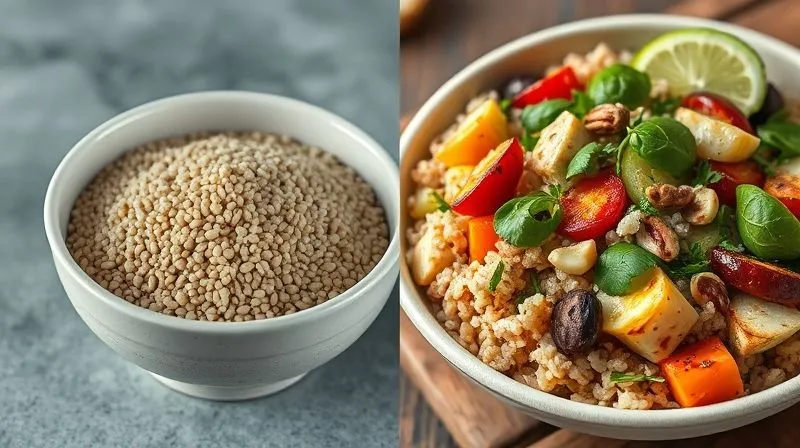 A photorealistic, professional photography, 8K, cinematic lighting, sharp focus, depth of field, shot on a high-end DSLR, showing a split image: on one side, a dull, unappetizing bowl of plain buckwheat representing the 'myth' of blandness; on the other side, a vibrant, colorful, and delicious-looking buckwheat salad with fresh herbs, nuts, and grilled vegetables, representing the 'fact' of its versatility and taste. The contrast should be stark and visually compelling.