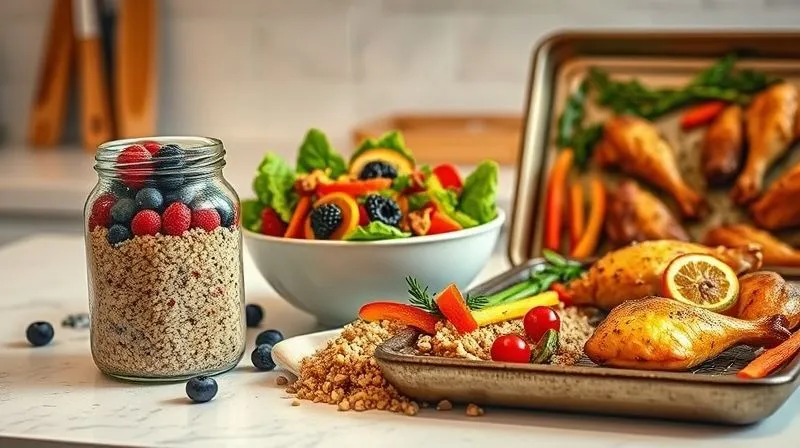A photorealistic, professional photography, 8K, cinematic lighting, sharp focus, depth of field, shot on a high-end DSLR, showcasing a vibrant and appealing collection of quick buckwheat meals. On a clean, light-colored kitchen counter, there's a glass jar of 'Overnight Buckwheat' with berries and nuts, a colorful buckwheat salad in a bowl, and a baking sheet with roasted chicken and vegetables ready to be served with buckwheat. The scene should convey freshness, ease, and deliciousness, with steam subtly rising from the warm dishes.