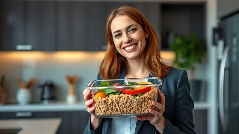 A photorealistic, professional photography, 8K, cinematic lighting, sharp focus, depth of field, shot on a high-end DSLR, featuring a successful, smiling woman (Anna) in business attire, holding a stylish, clear meal prep container filled with a colorful buckwheat salad. She is standing in a modern office kitchen, looking confident and healthy. The background shows a subtle blur of an organized, clean workspace, emphasizing efficiency and well-being achieved despite a busy schedule.